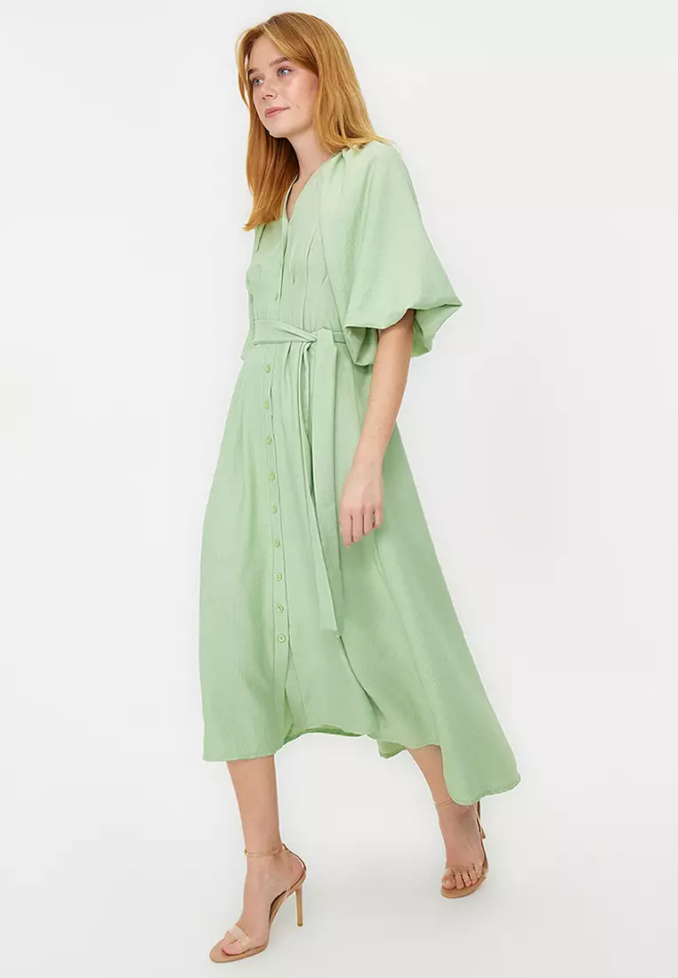 Belted Half Balloon Sleeve Shirt Dress