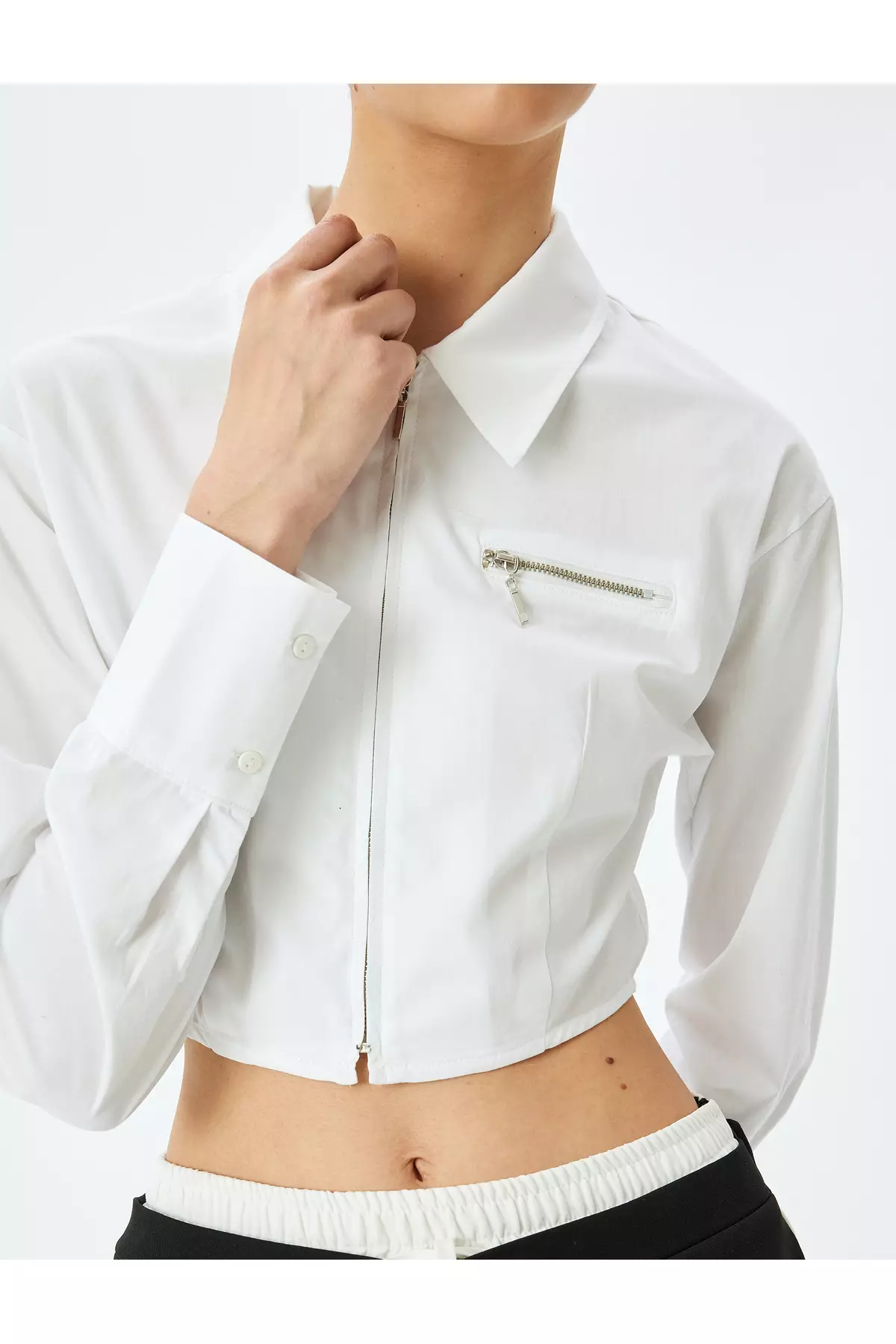 修身剪裁長袖恤衫領短版拉鍊恤衫