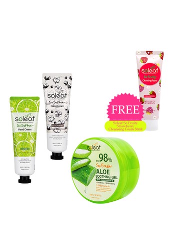 big sale 3 pcs free soleaf aloe soothing gel 98 300 ml 2 pcs hand cream 50ml lime cotton baby free so fuity cleansing foam 50ml