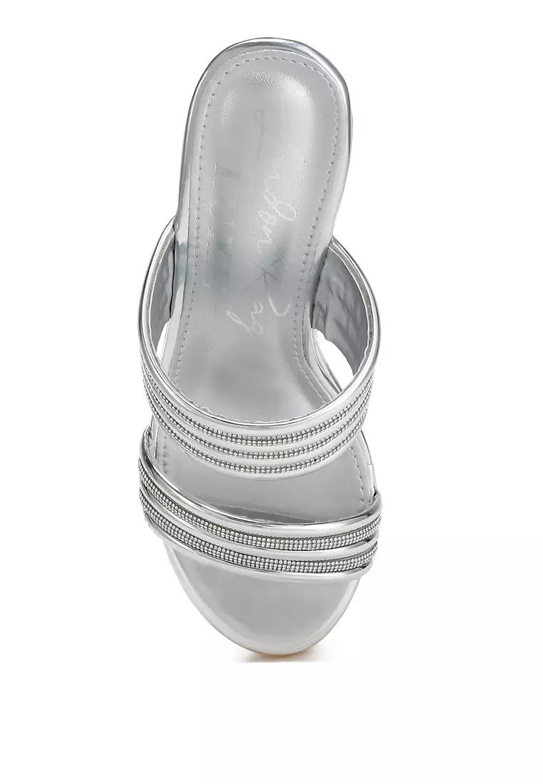Metallic Faux Leather Wedge Sandals in Silver