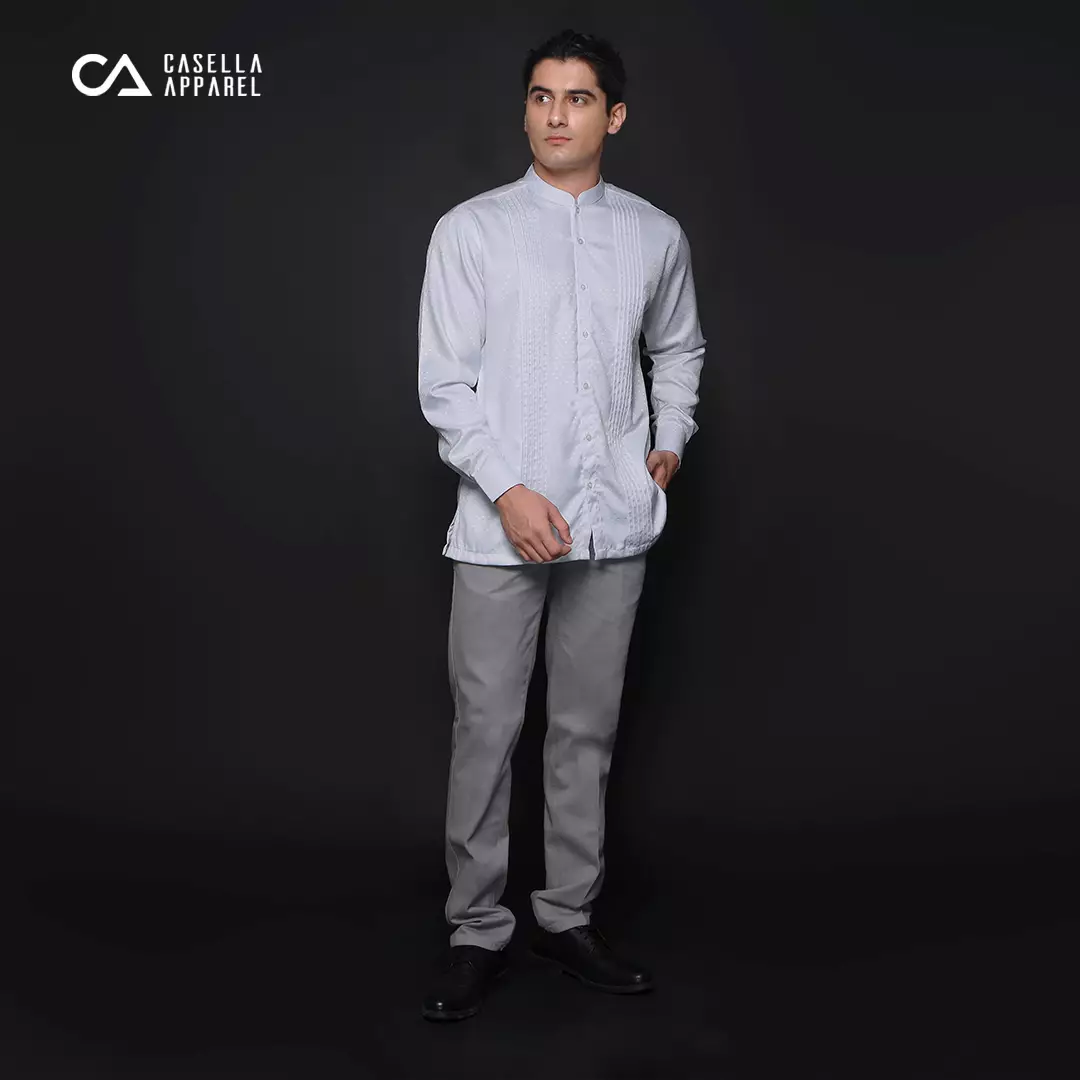 Casella Baju Koko Pria Lengan Panjang Pleats Design | Baju Koko Putih Lengan Panjang 9970 White