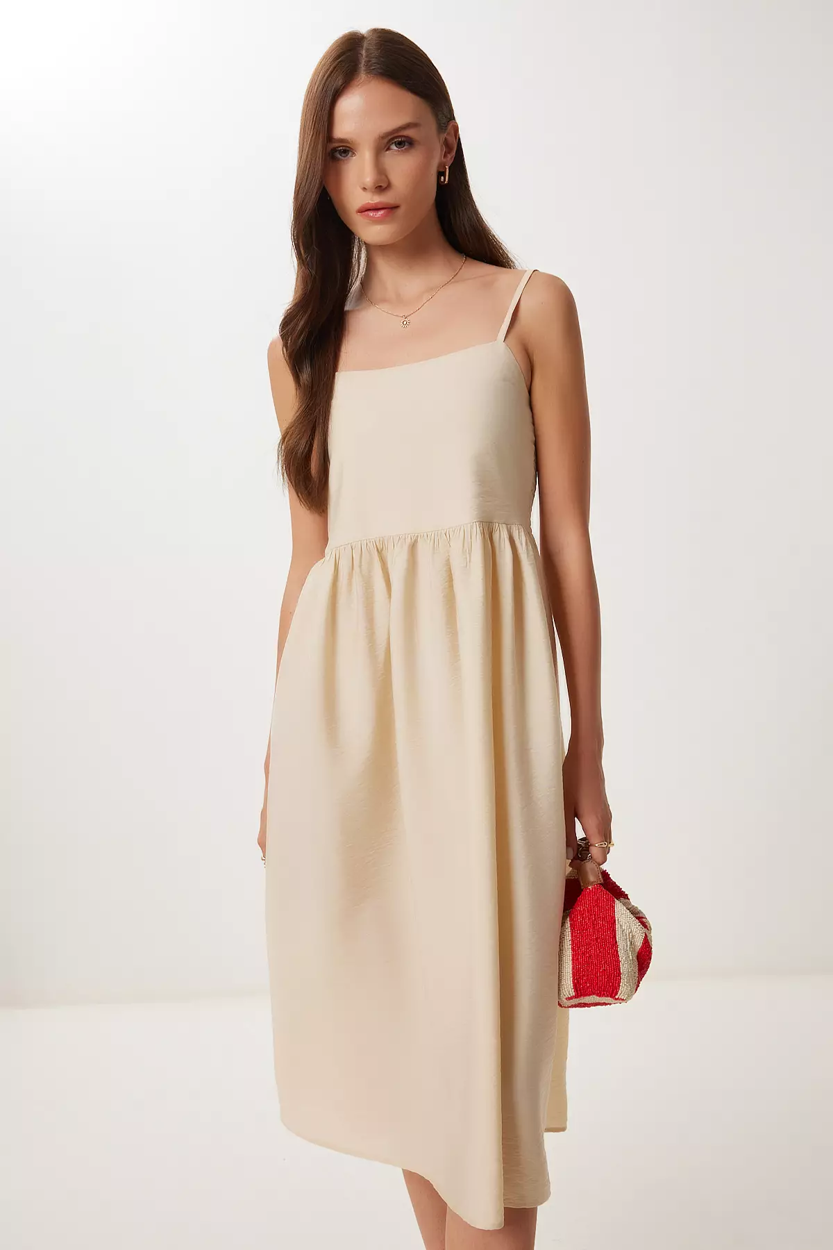 Women's Cream Strap Summer Midi Ayrobin Dress Dd01357