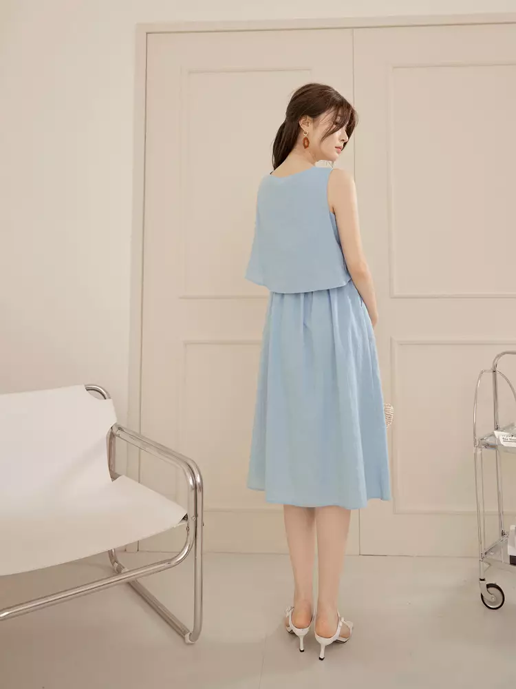 Faux two-piece cotton-linen sleeveless dress [DA10114]