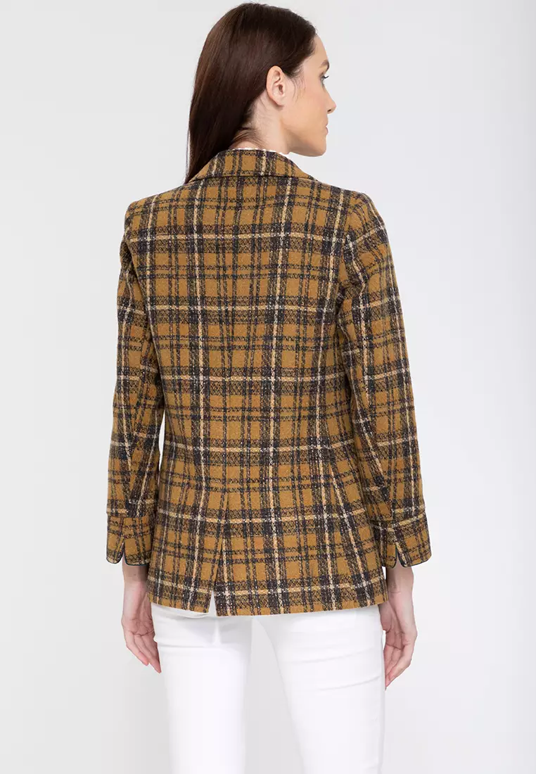 Contrast Cuff Woolen Plaid Blazer