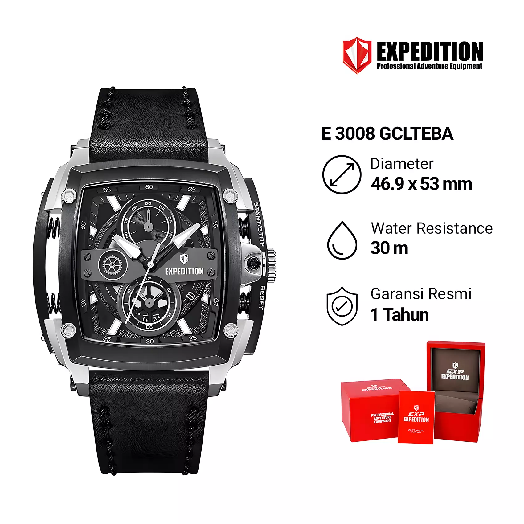 Expedition - Jam Tangan Chronograph Pria - Silver Black Case - Black Leather Strap - 3008GCLTEBA 