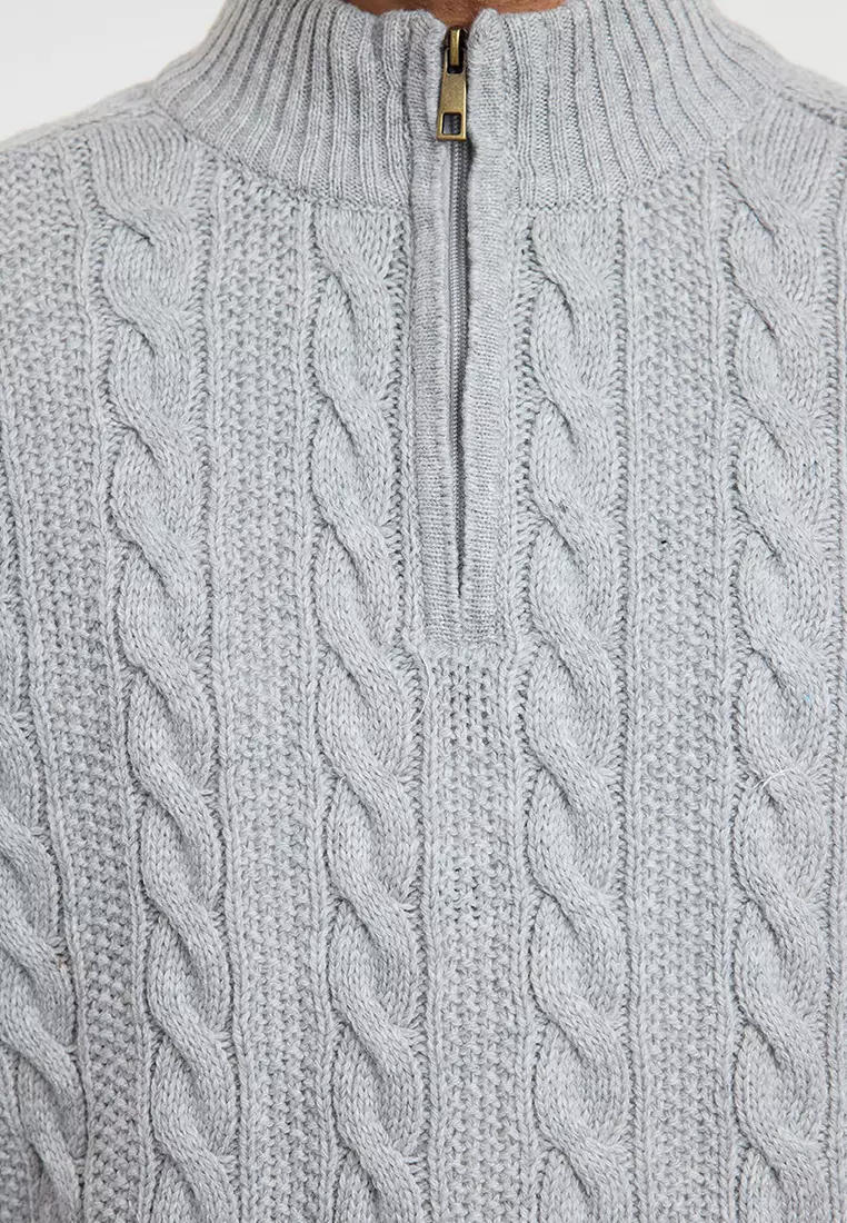 Grey Unisex Regular Fit Zippered Half Turtleneck Knit Sweater TMNAW21KZ0737