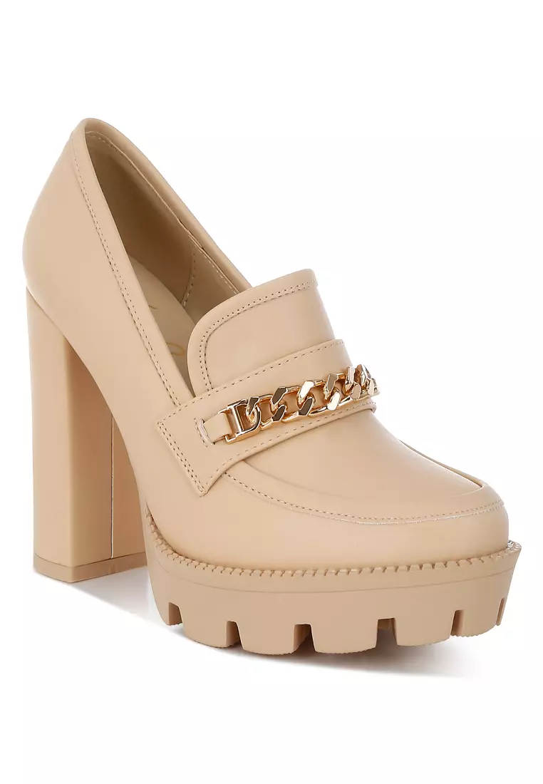 Chunky High Block Heeled Loafers in Beige