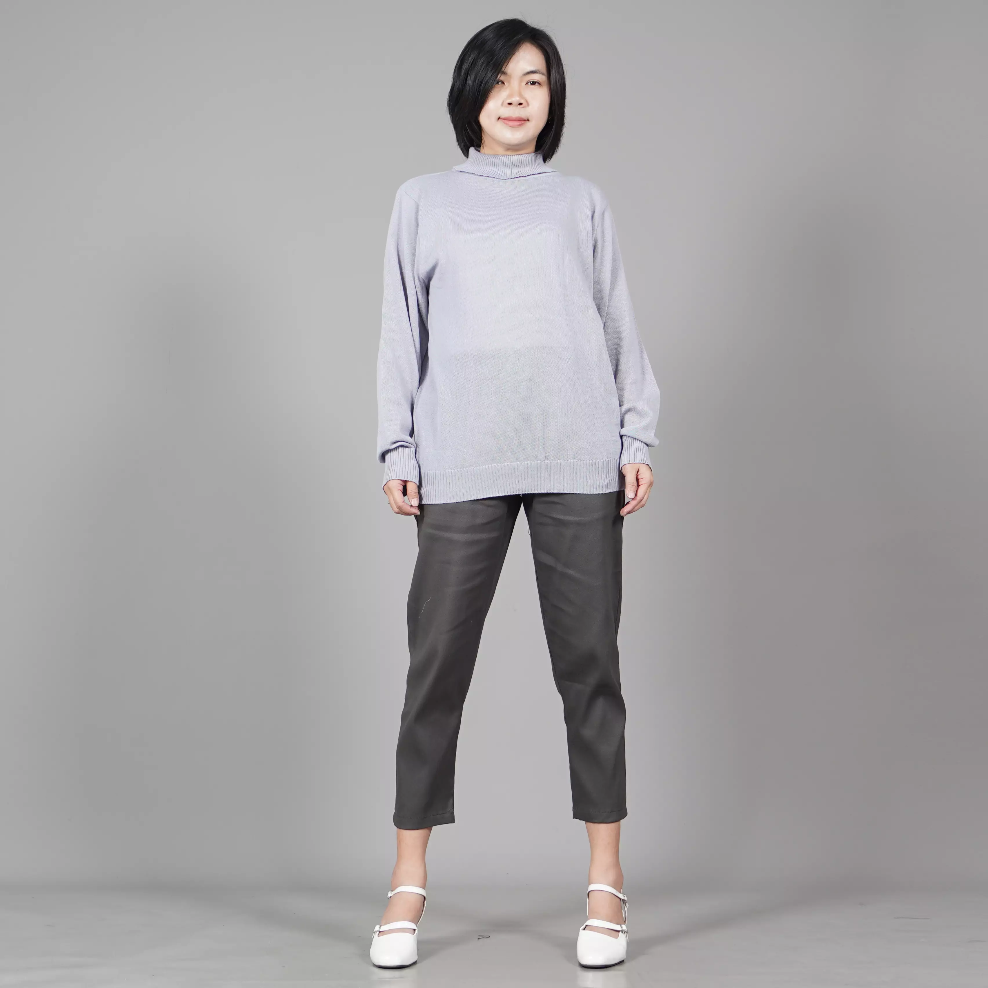  JEHOON High Neck Sweater Rajut Wanita Baju Musim Dingin - ABU MUDA