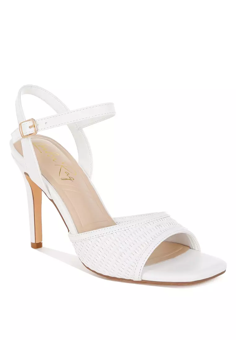 Raffia Square Toe Stiletto Heels In White