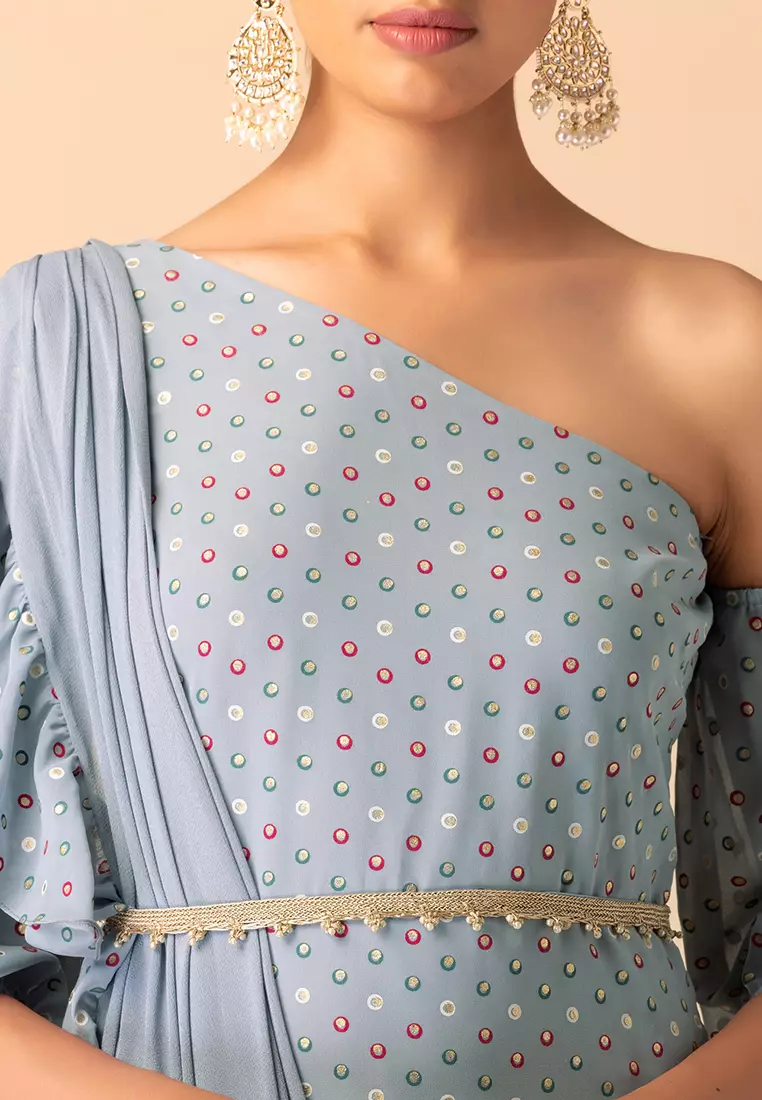 Light Blue Foil Print Sharara And Short Kurta With Attached Ruffled Dupatta And Belt (Set of 3)