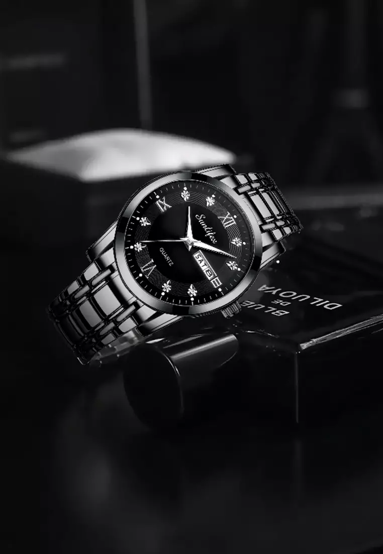Jam Tangan Pria 9010 Kalender Kuarsa Tali Stainless Steel Bisnis Santai Jam Tangan Cowok allblack