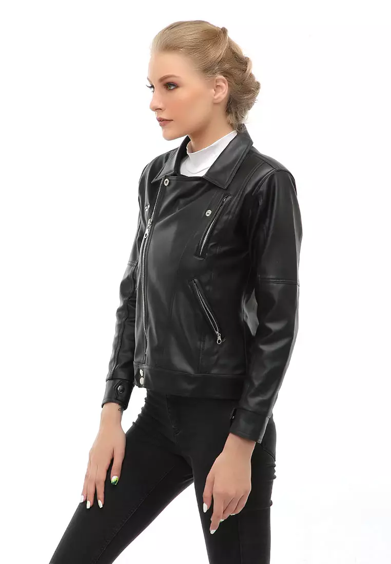 Glenice Jacket Outer Fashion Wanita Zipper Pocket Elegant Design Material Leather ORIGINAL - Black
