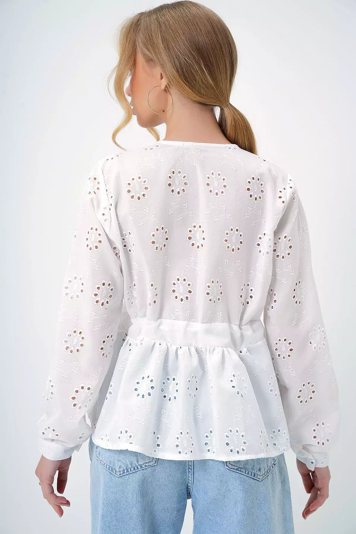 Women's White V Neck Tie Detailed Embroidered Weaving Blouse