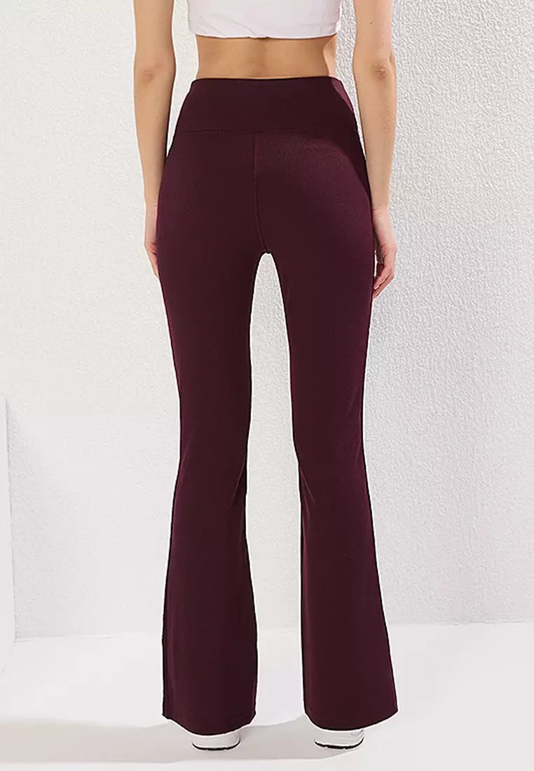 Dark Cherry Ribbed Flare Leg Yoga Knitted Sports Tights