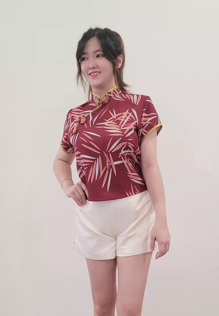 Ivory Cheongsam Cap Sleeves Top Red Leaf Printed