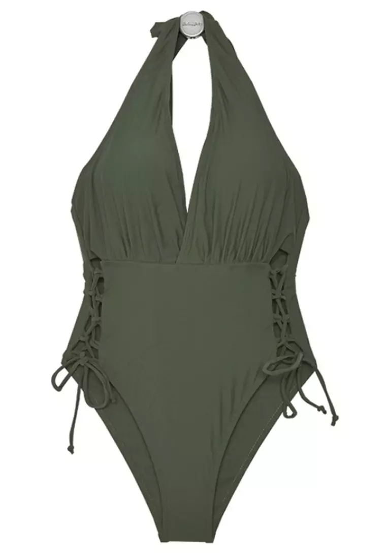 Solid Color Backless Triangle One-Piece Swimsuit A22031707GR