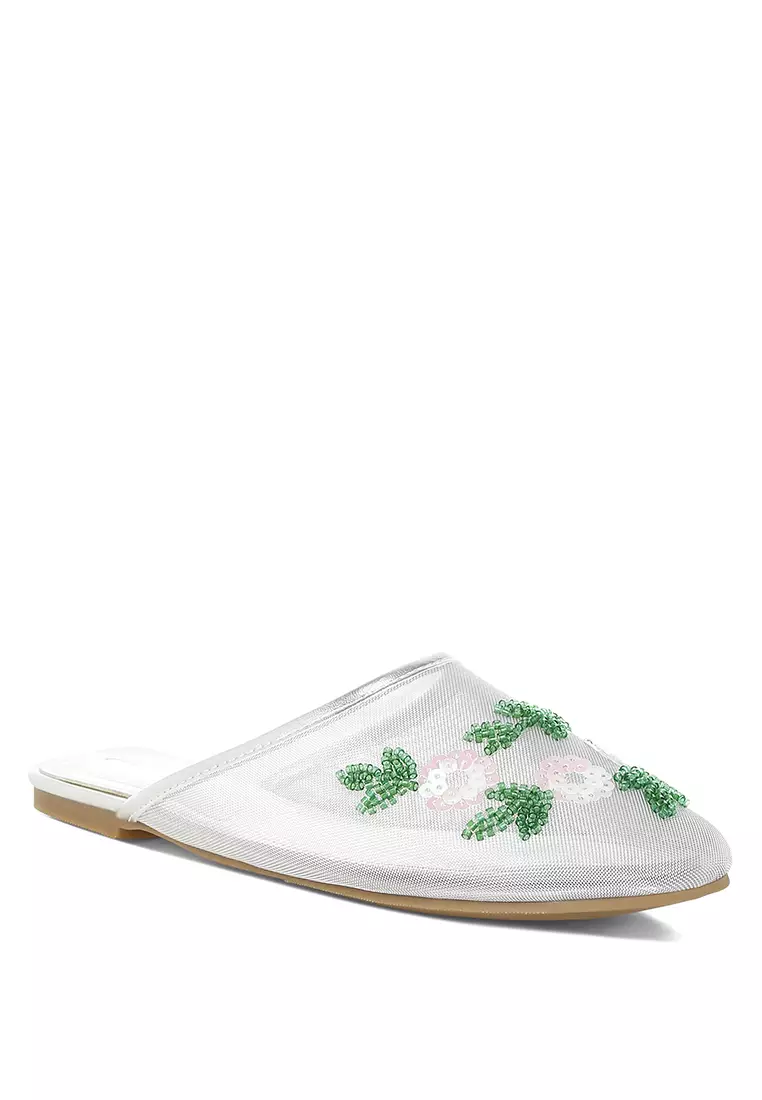 Mesh Sequin Beaded Mules In Silver