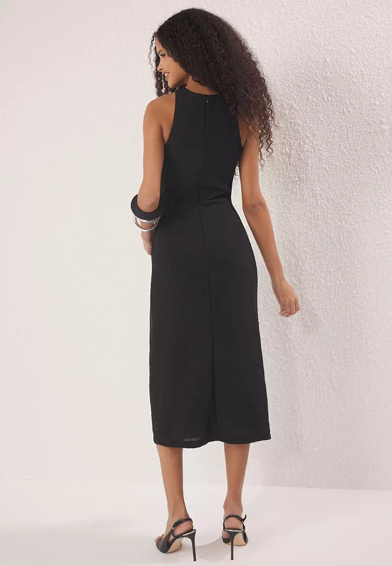 Black Straight Binding Detailed Midi Woven Dress Twoss25El00777