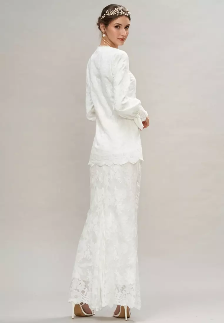 White Silk Embroidery Puff Sleeve Kebaya Top & Maxi Skirt Hari Raya