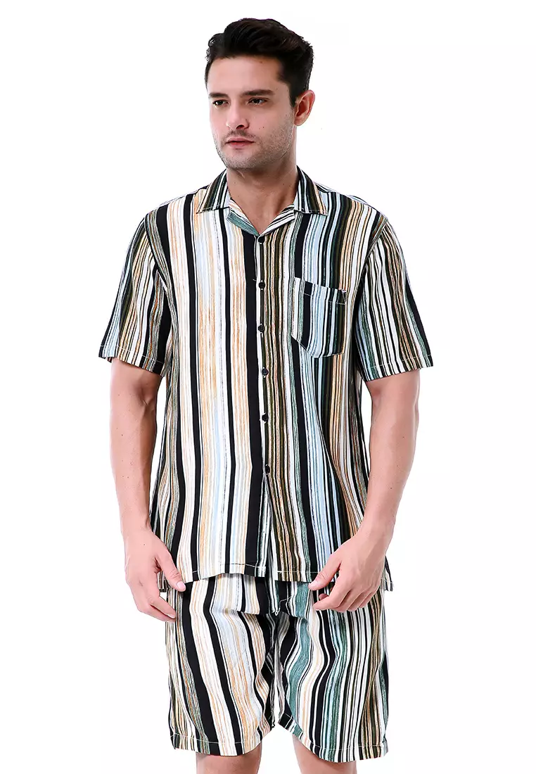 Deon Piyama Pria Motif Salur Kemeja One Set Lengan Pendek Material Rayon ORIGINAL - Multicolor