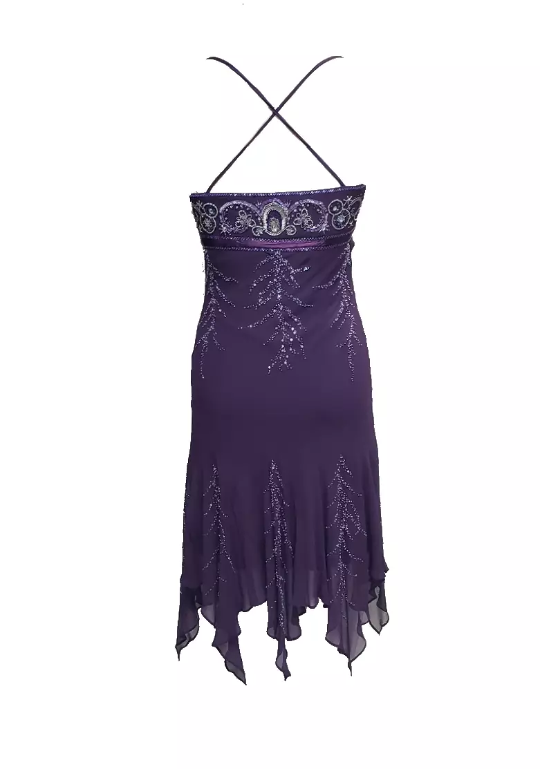 真絲雪紡釘珠不規則裙擺派對連衣裙