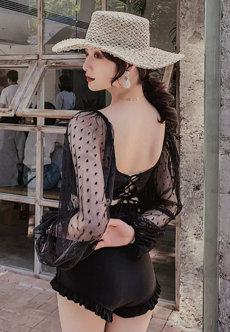 Lace Up Split Triangle Long Sleeve Two Piece Swimsuit CA071703BK