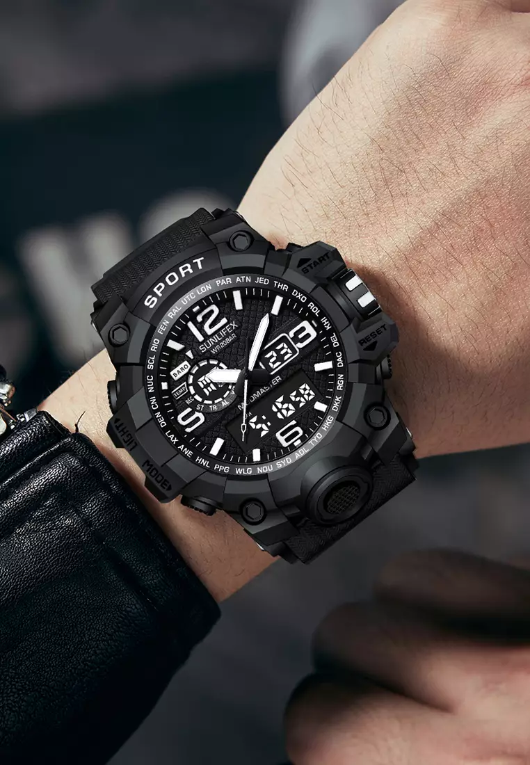 Jam Tangan Pria Digital Olahraga Kasual Tali Silikon Jam Tangan Cowok blackwhite