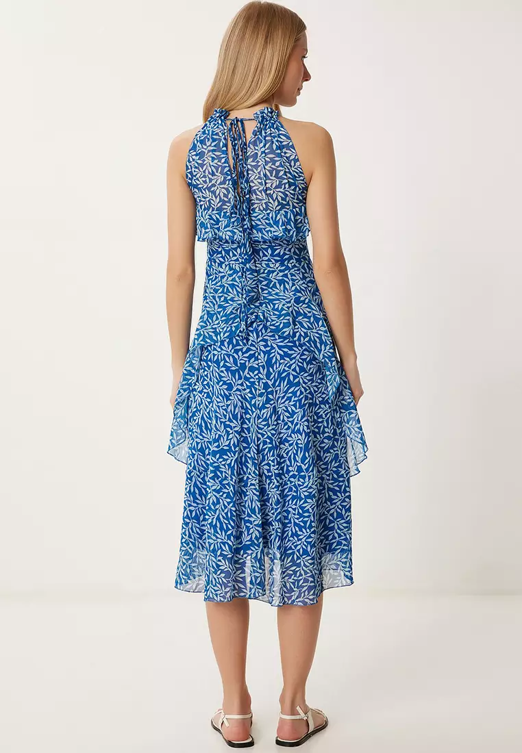 Women Dark Blue Patterned Flounced Summer Chiffon Dress Fg00025