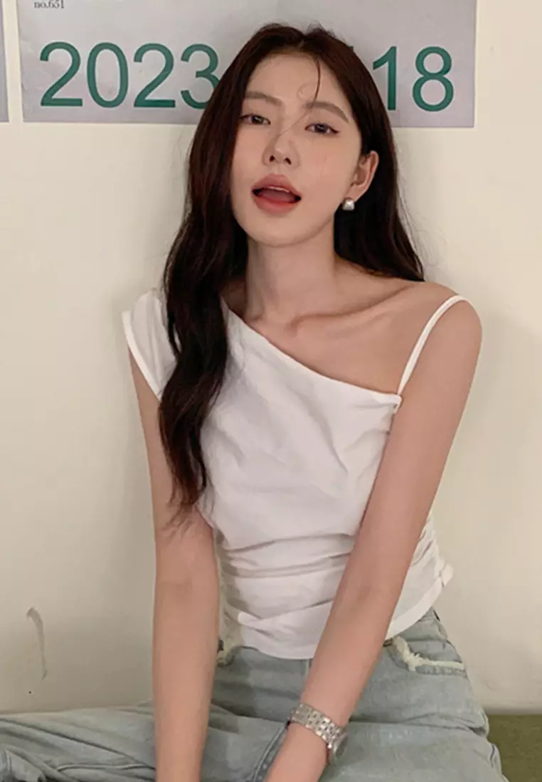 Buy Sunnydaysweety 2024 Korean style one shoulder camisole shirt slim ...