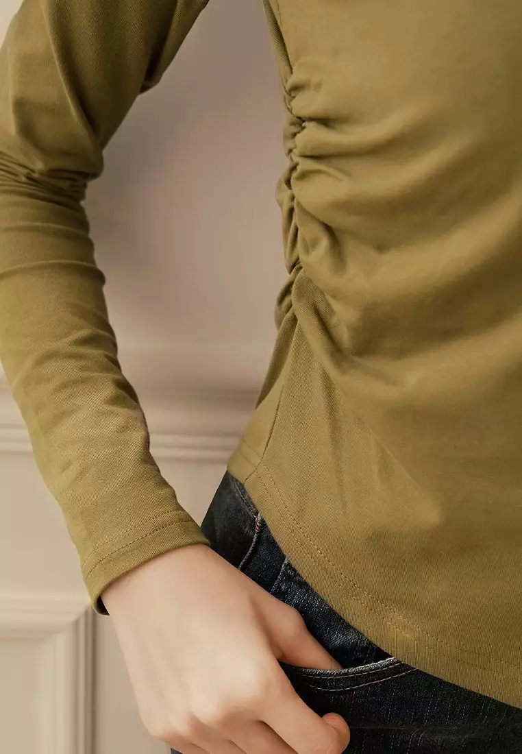 Ruched Detail Asymmetric Hem Long Sleeve Tee [AB17691]