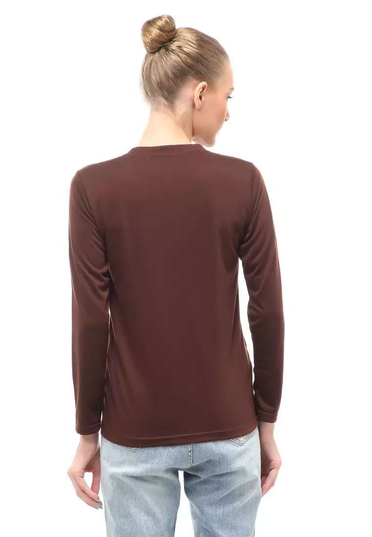 Kaos Polos Atasan Wanita V-Neck Lengan Panjang Design Simple Relaxed Fit - Coklat