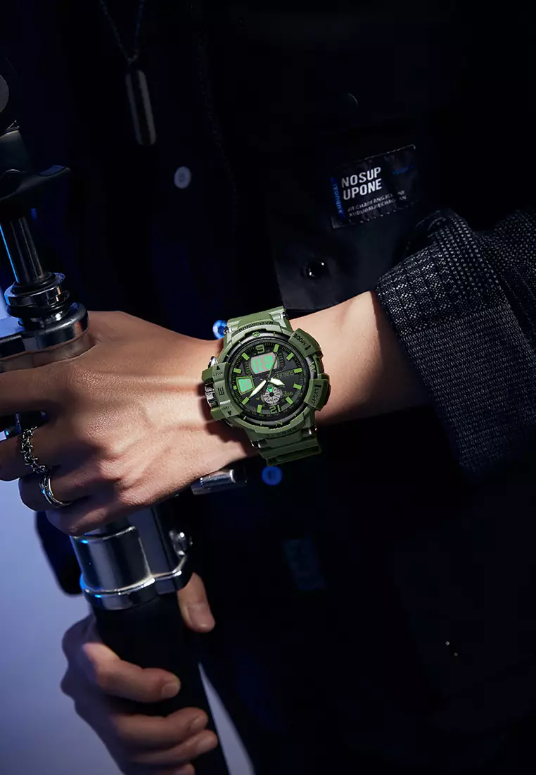 Jam Tangan Pria Digital&Analog Olahraga Bercahaya Multifungsi Alarm Jam Tangan Cowok D007 greenblack
