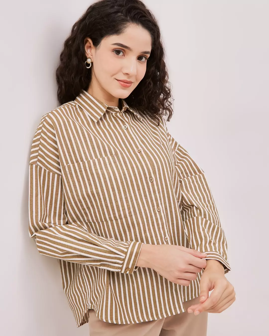 Urban Exchange Anisa Light Brown Shirt - Kemeja Oversize Stripe Garis Lengan Panjang Warna Light Brown
