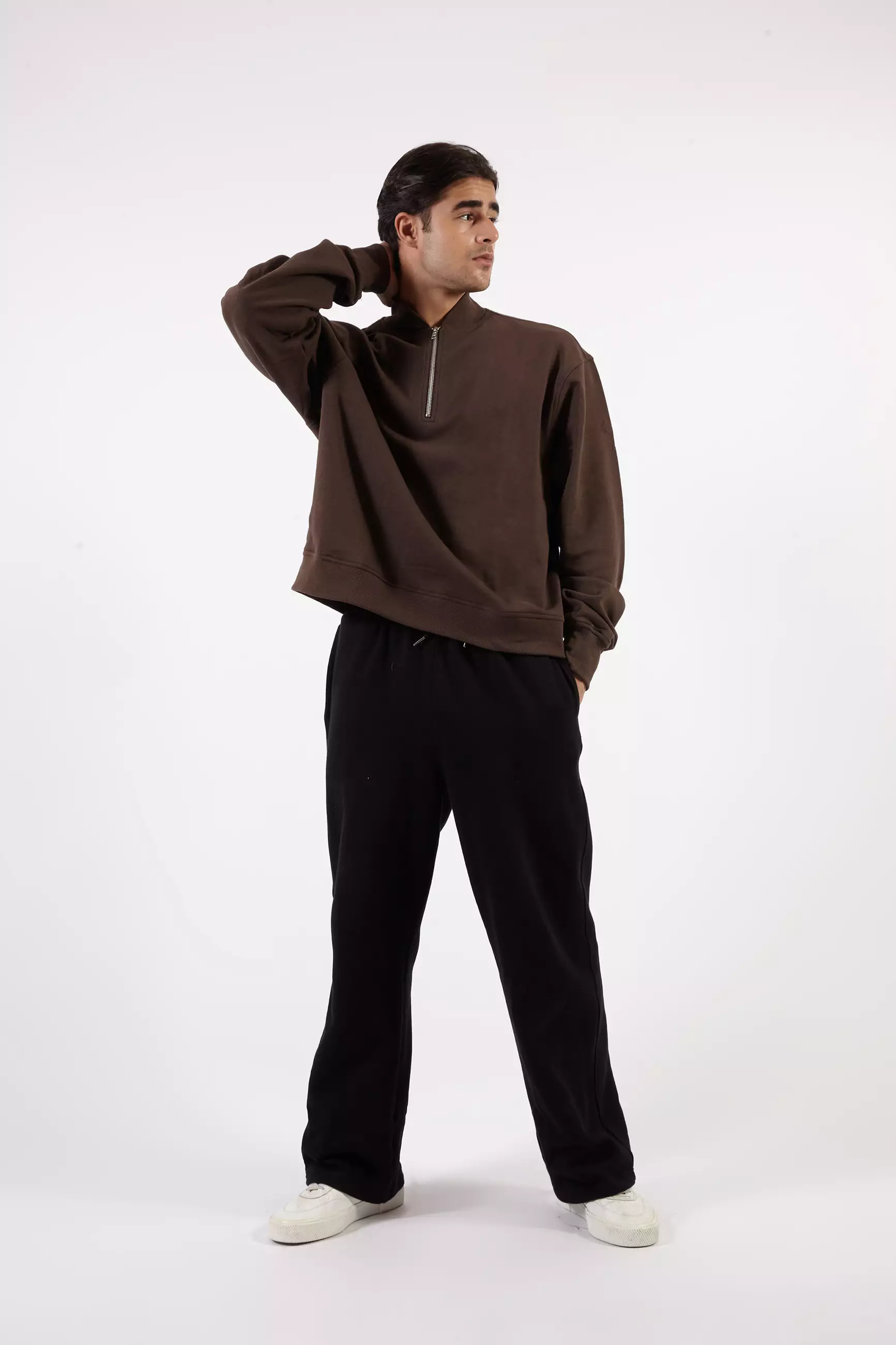 VEDECI SIGMA HALF ZIP BROWN OVERSIZED PULLOVER CROP SWEATER