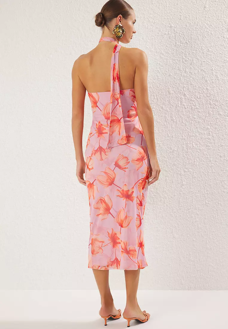 Pink Floral Printed Halter Neck Fitted Stretchy Tulle Knitted Midi Pencil Dress