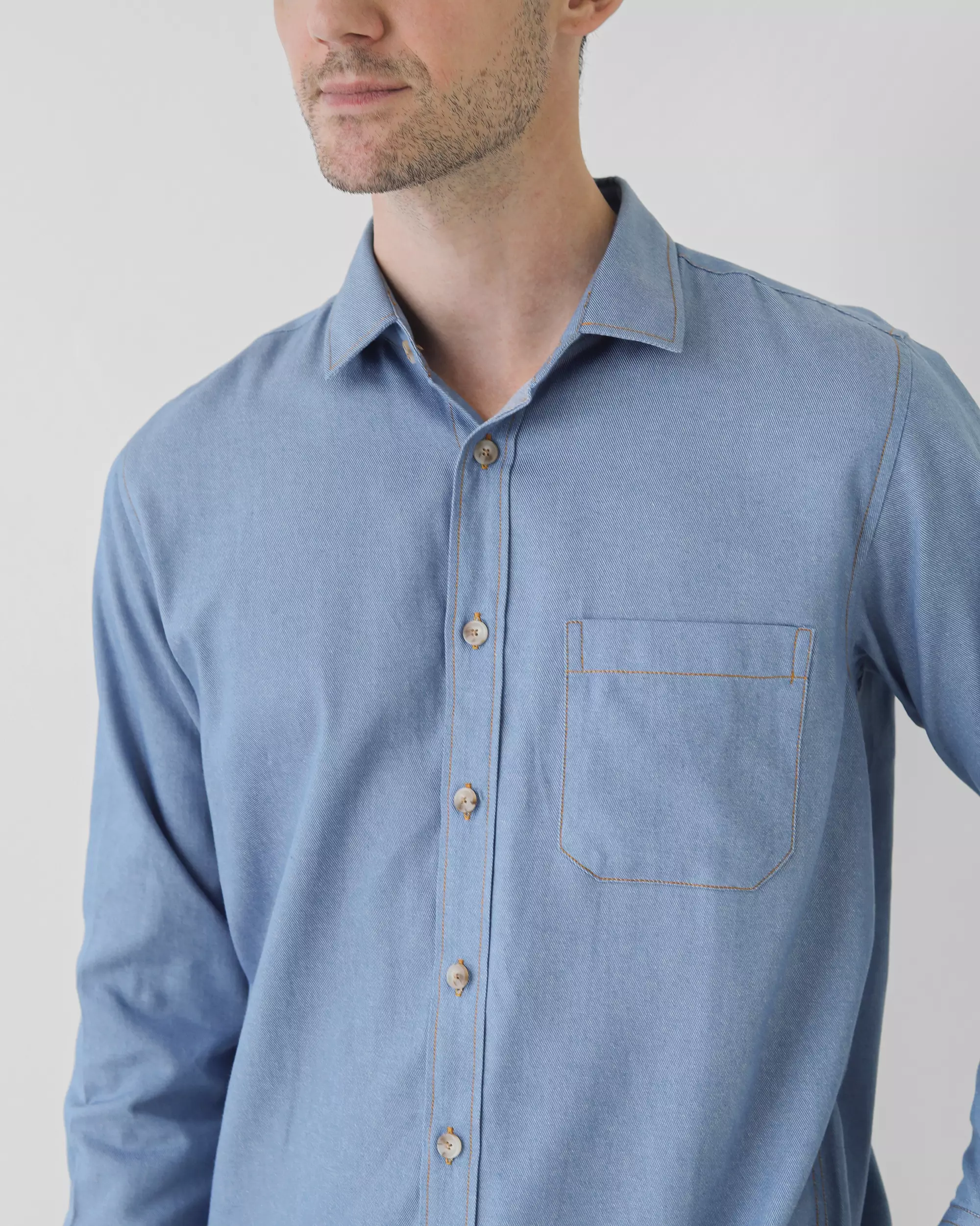 Cotton Well Light Denim Series in Washed Blue | Kemeja Lengan Panjang Denim Biru