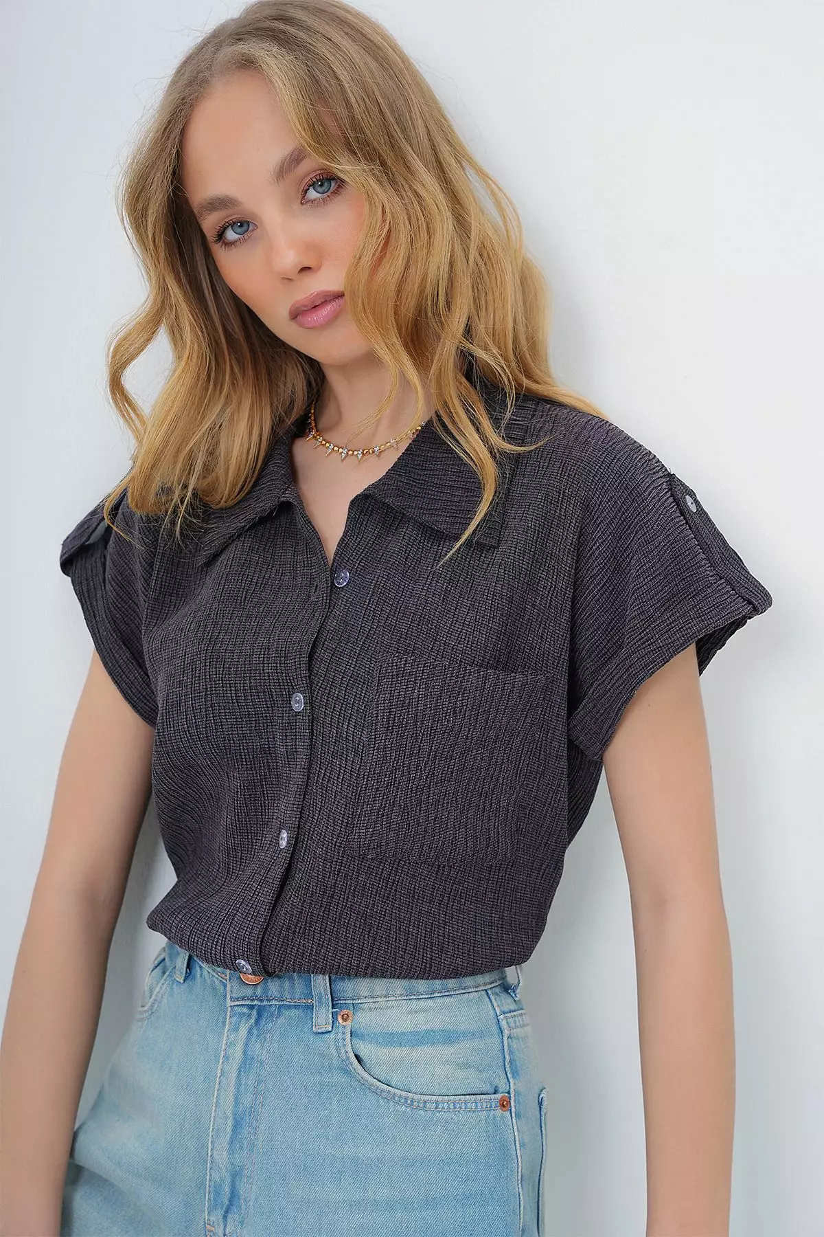 Women's Anthracite Cuffed Double Short Sleeve Textured Shirt