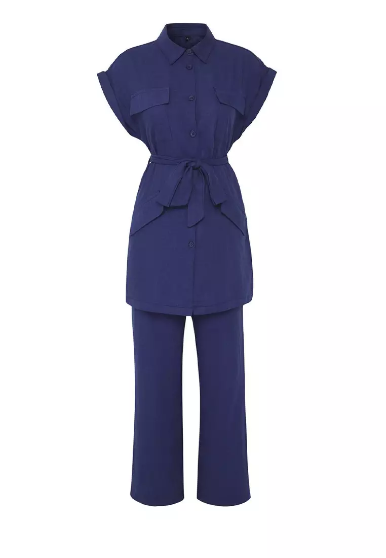Navy Blue Linen Look Girdle Detailed Vest-Pants Woven Top and Bottom Set Tctss25Us00025