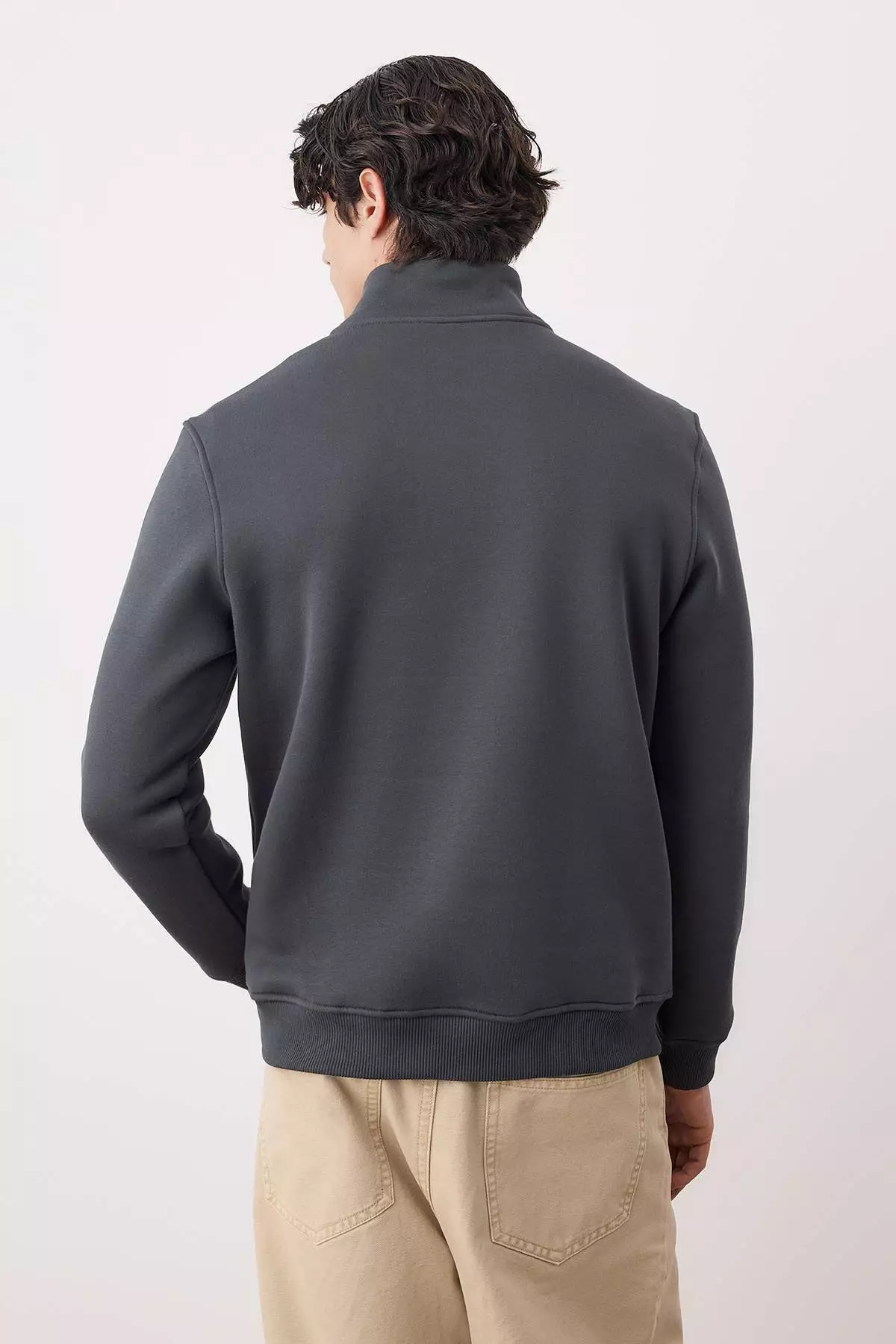 Anthracite Regular Cut Stand Collar Zippered Cotton Deer Embroidery Sweatshirt