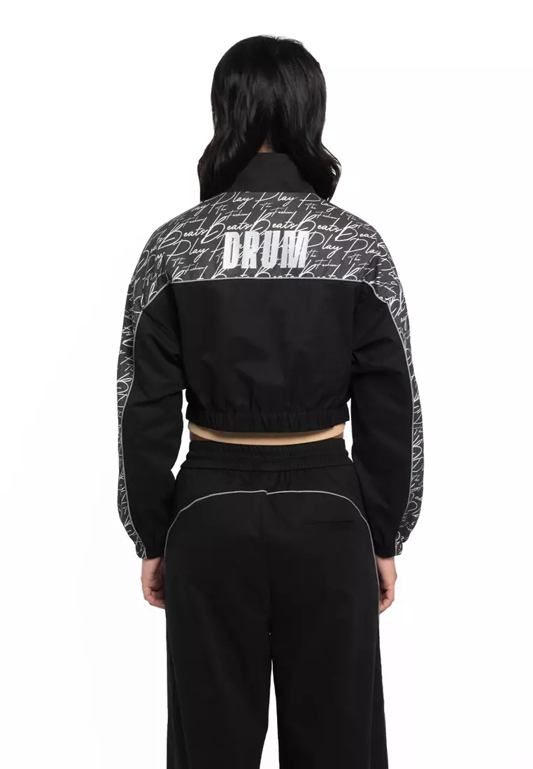 Select Women Lightweight Reflective Print Crop Jacket- Black