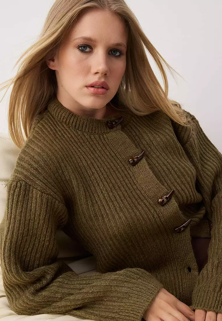 Khaki Soft Textured Button Detailed Knitwear Cardigan