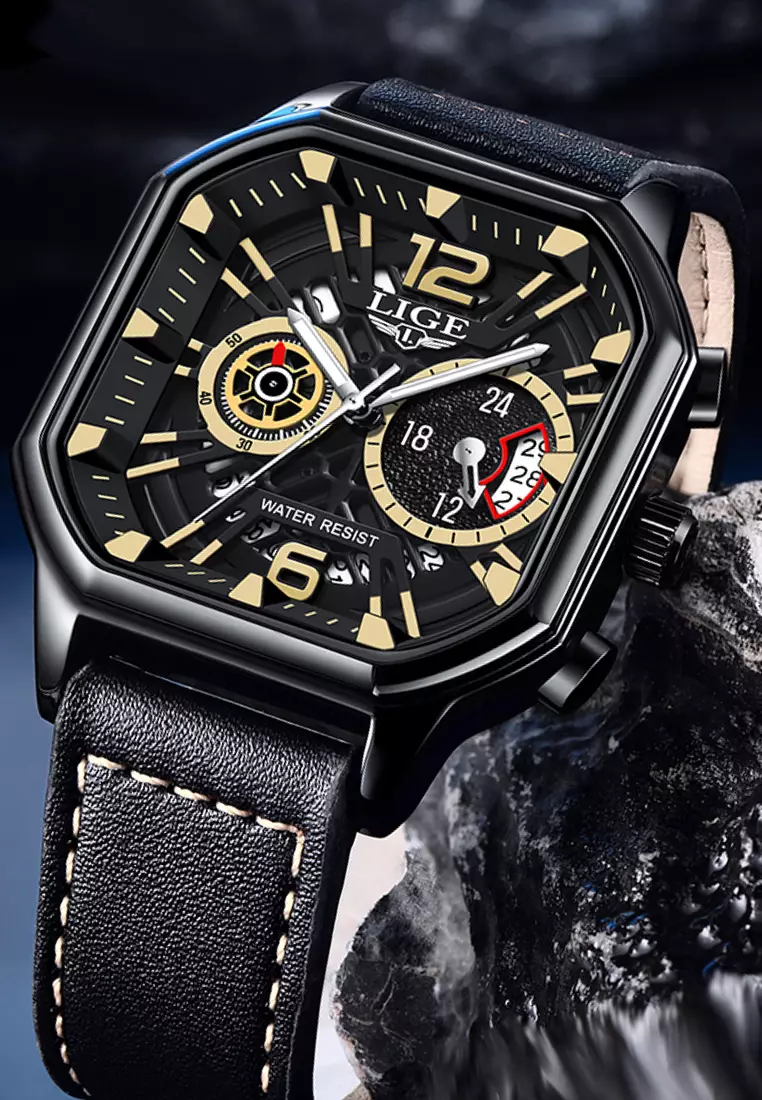 Chronograph Unisex Stainless Steel Square Quartz Watch 43X43mm, black dial, Leather Strap