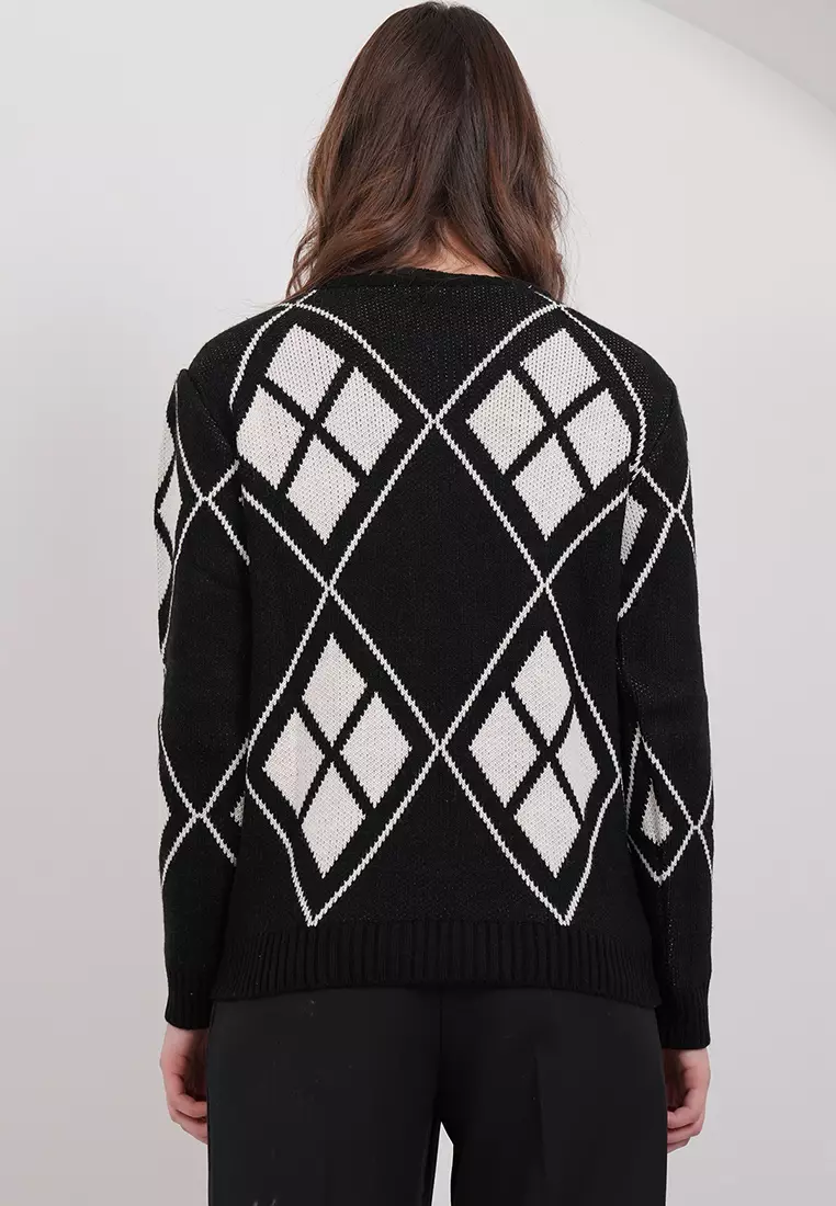 Crew Neck Argyle Patterned Premium Knitwear Sweater