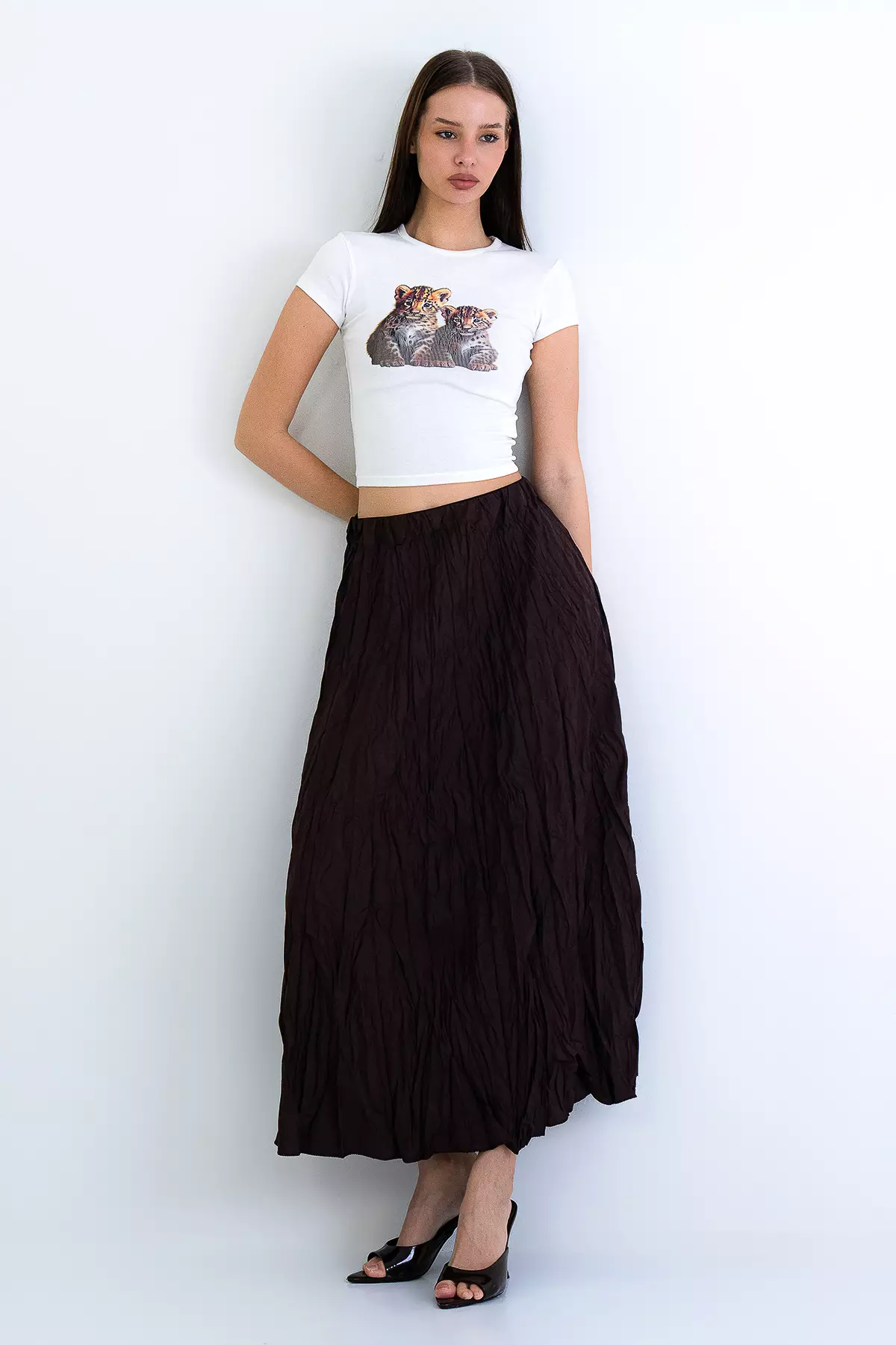 Brown Soft Crush Textured Midi Skirt Alc-X15225