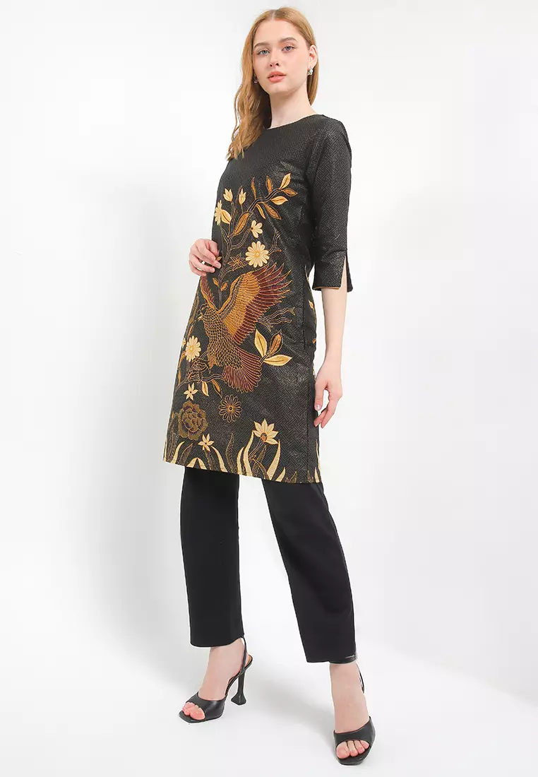 Dress Batik Tunik Wanita Furing Lining Ryzena Katun Prada Black Lengan 7/8