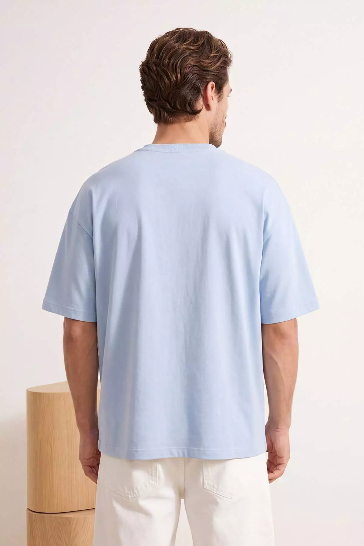 Light Blue Oversize/Wide Cut Embroidered 100% Cotton T-Shirt Tmnss26Ts00024
