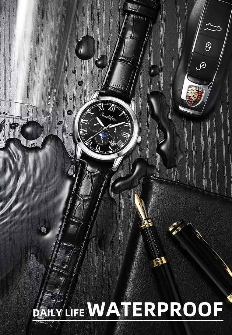 Jam Tangan Pria 7003 Kalender Kuarsa Santai Bisnis Tali Kulit Jam Tangan Cowok hitam