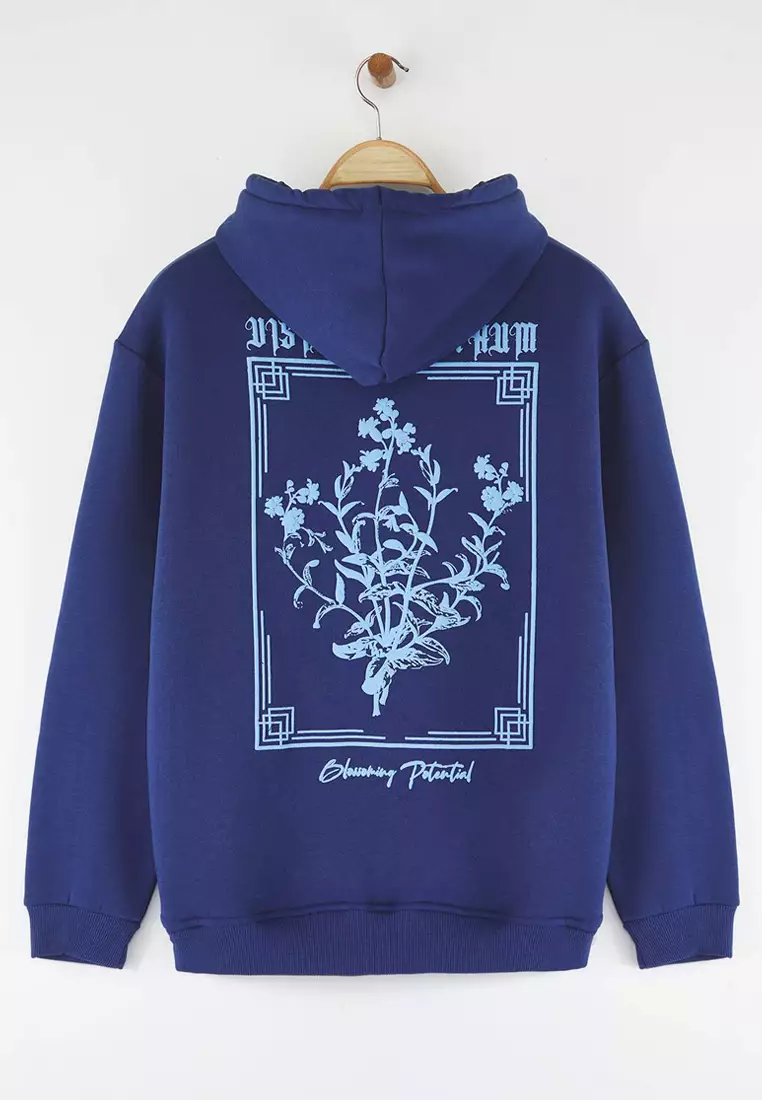 Navy Blue Oversize/Wide Cut Hooded Printed Fleece Inside/Warm Sweatshirt Tmnaw24Sw00100