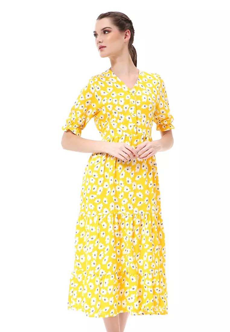 Rachel Midi Dress Wanita Vneck Lengan Pendek Desain Karet Material Polyester ORIGINAL - Yellow