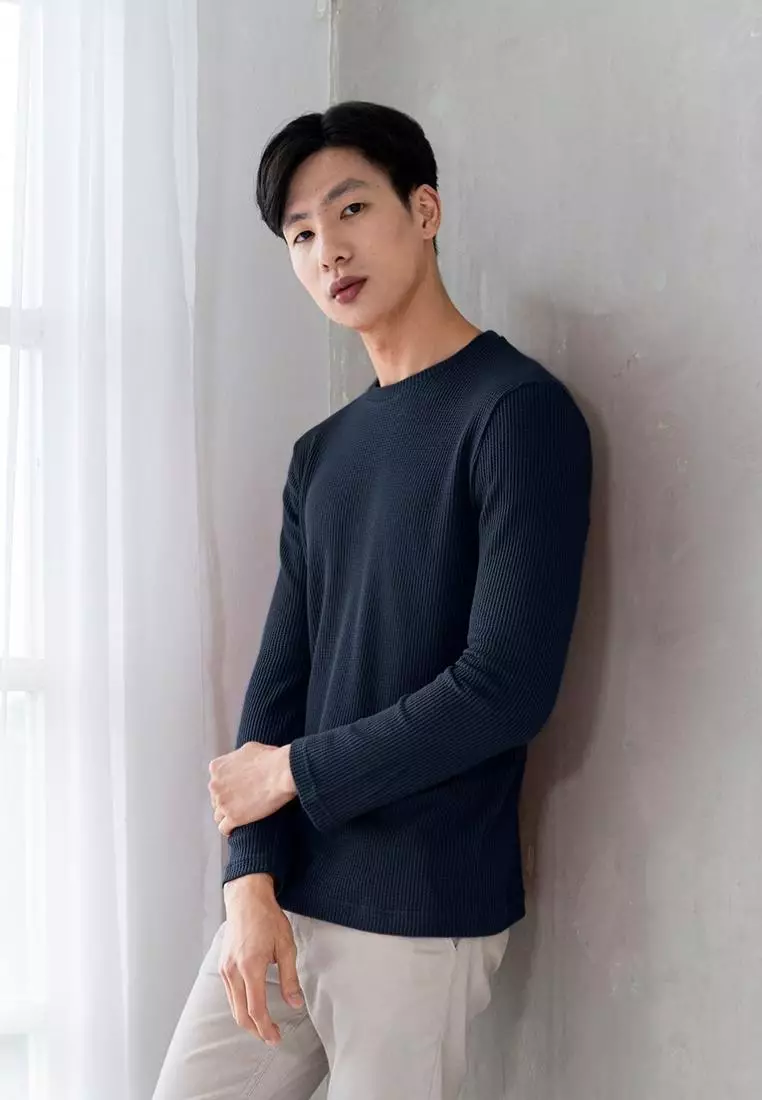 Kale Raffle Navy / Kaos Polos Tekstur Lengan Panjang Pria / Unisex